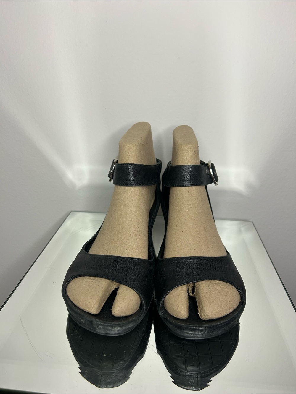 LOGAN Black Leather Wedge Sandal Heel with Silver Buckle Closure